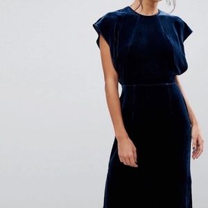 Whistles Plush Velvet Midi Crew Neck Open Back Dress In Sapphire Color Size US 8